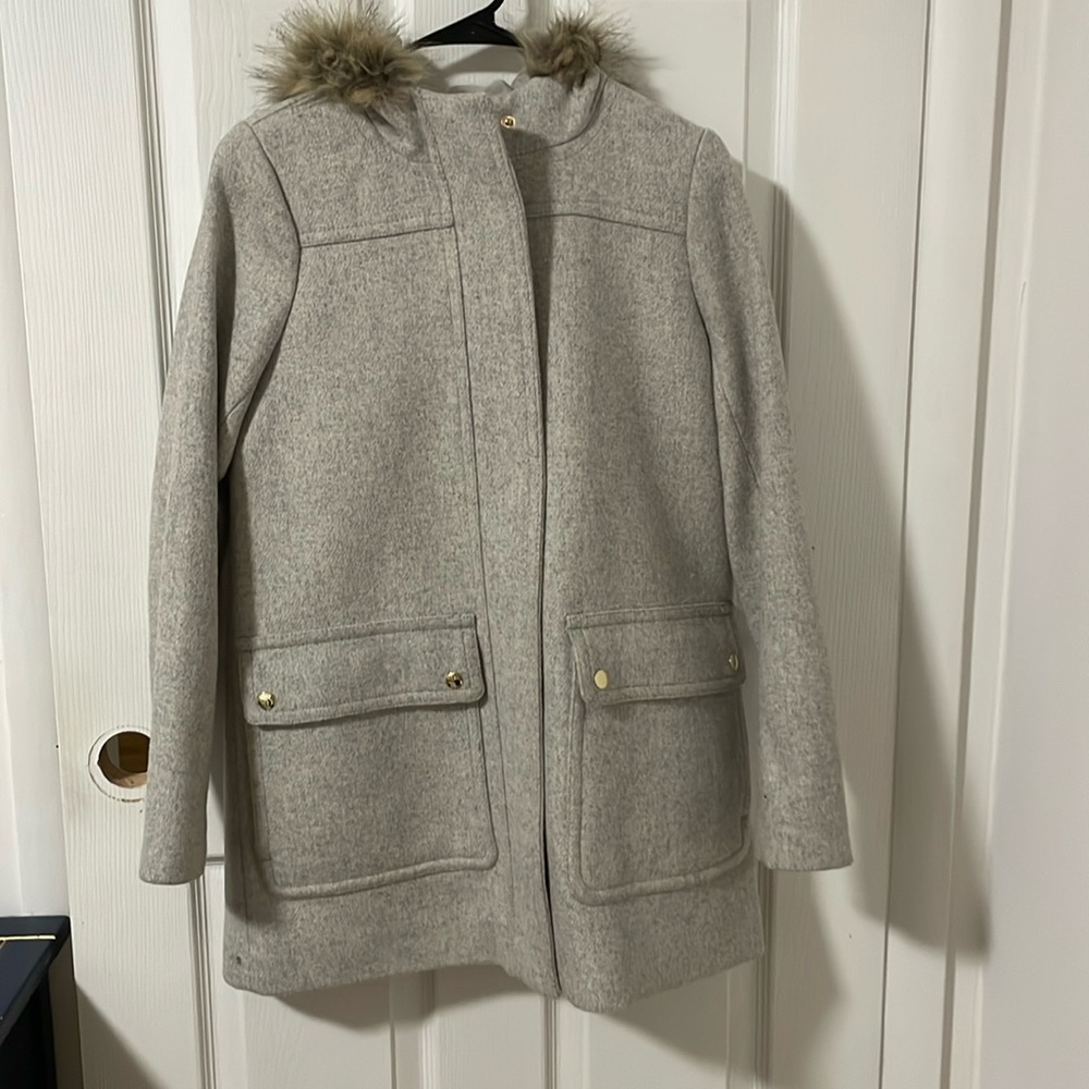 J Crew  Parka Light Gray Wool Blend
Faux Fur Trim Hooded